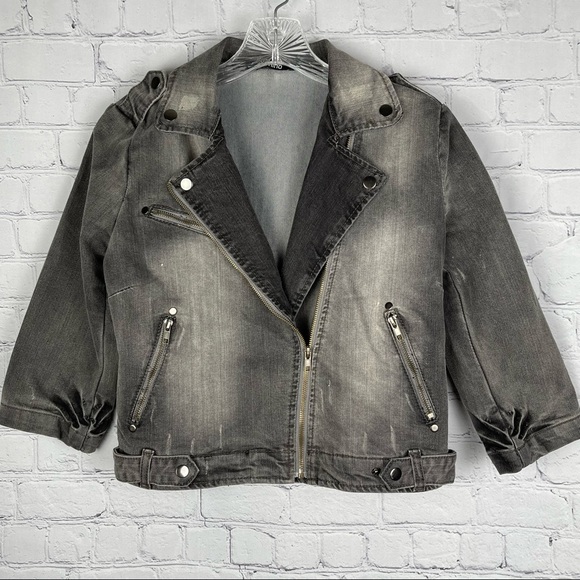 DOMINO women's black grey denim distressed moto jean jacket 3/4 sleeves, size M - Picture 12 of 13